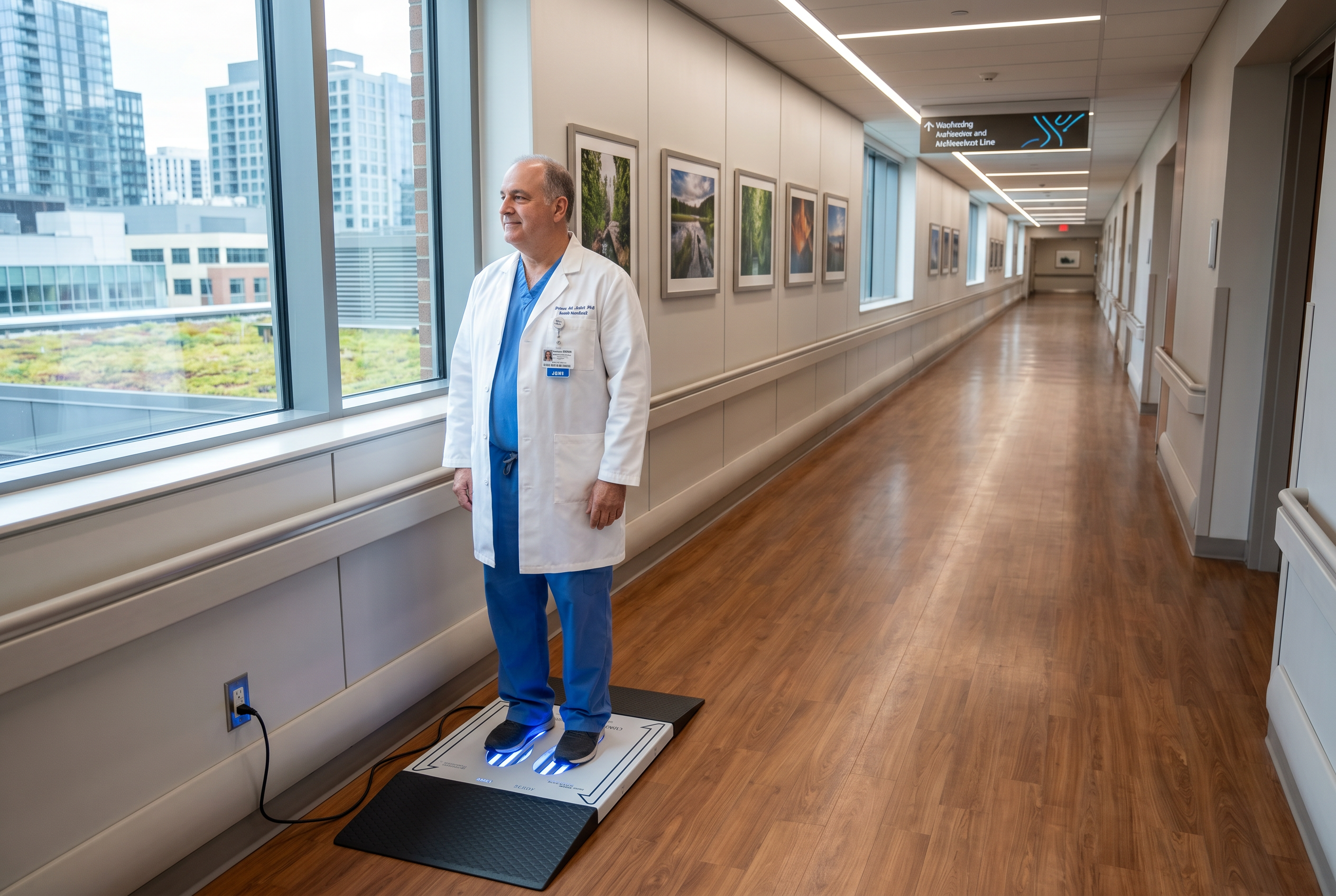 UVZone® shoe-sole sanitizing station on the floor at a controlled facility entry with both foot positions visible